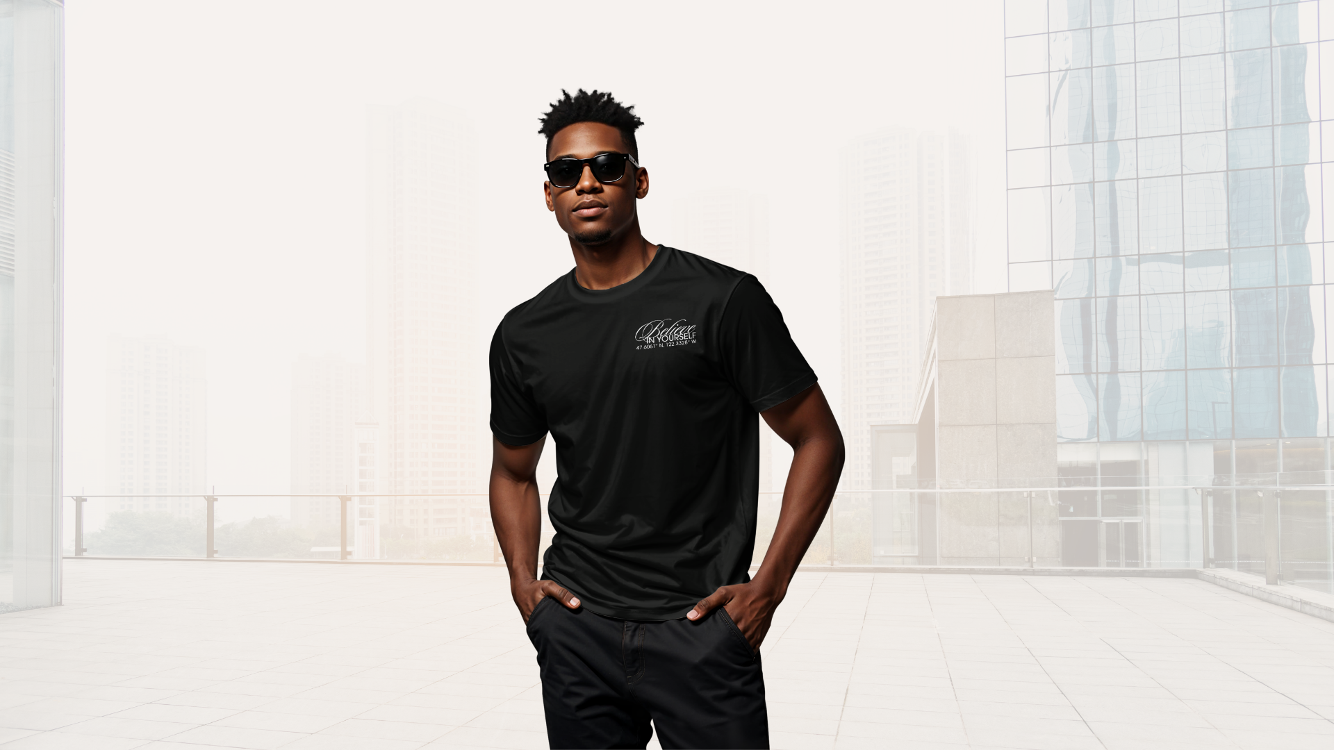 Black Man wearing a black t-shirt with a logo in an outdoor rooftop setting