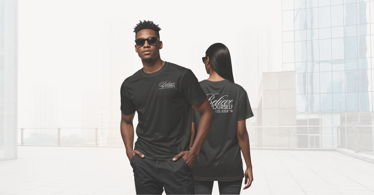 Man and woman wearing black t-shirts with visible GardnerGlobal branding in a modern outdoor rooftop setting.